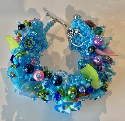 Bracelet - wide -blues with flowers