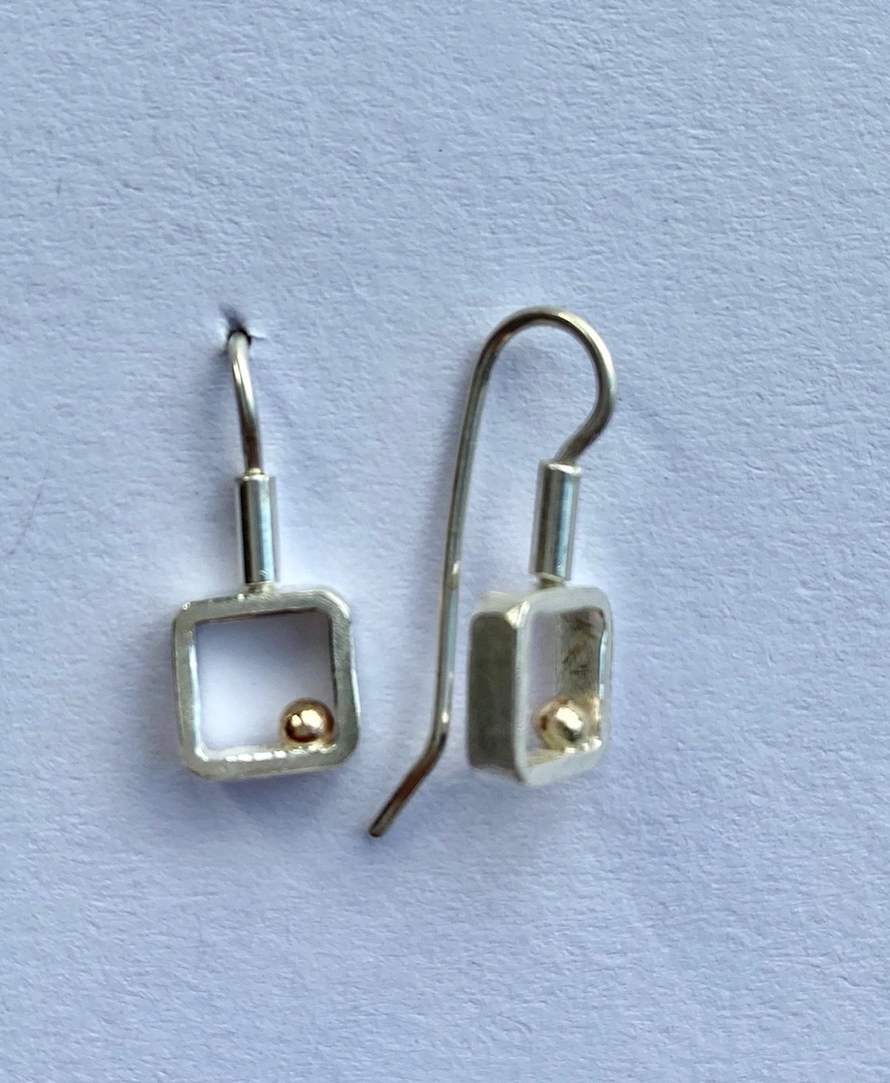 Square frame sterling silver + 18ct gold ball earrings (small) - 0077