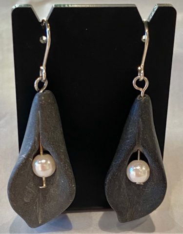 Lava Rock Lily earrings with fresh water pearls