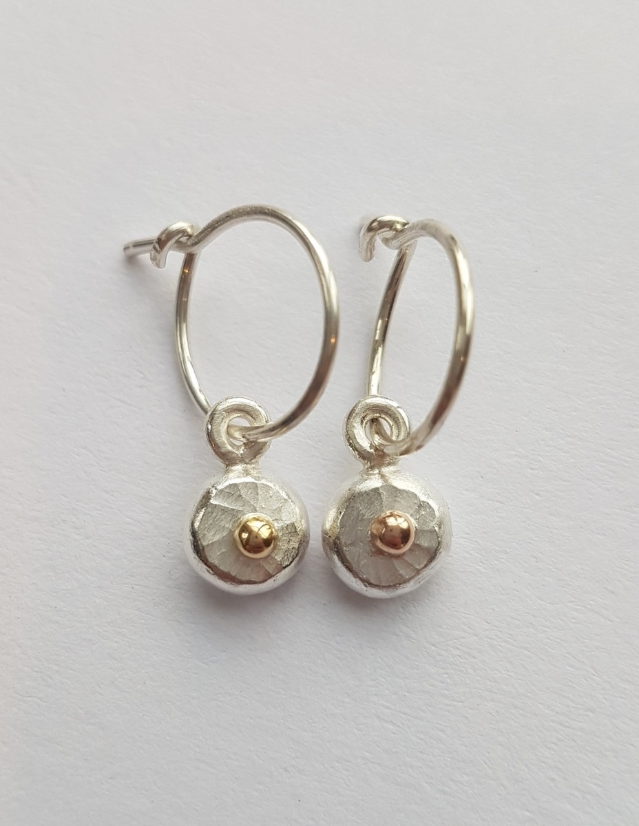 Round shape fine sterling silver + 18ct gold loop earrings - 0073