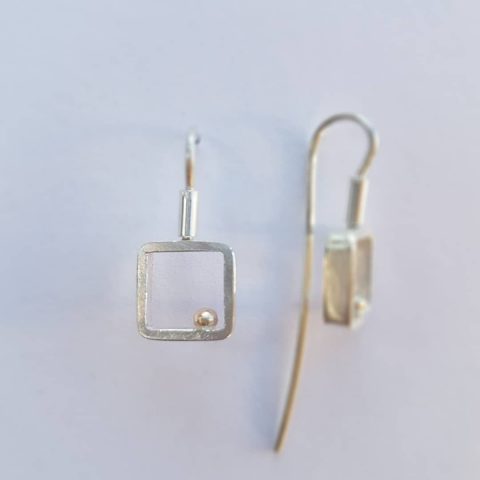 Square frame sterling silver + 18ct gold ball earrings (large)- 0074