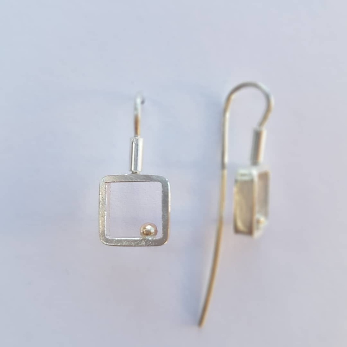 Square frame sterling silver + 18ct gold ball earrings (large)- 0074