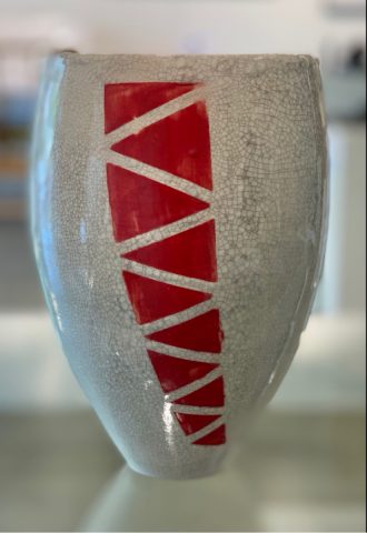 Stoneware crackle Vase Form with geometric red pattern