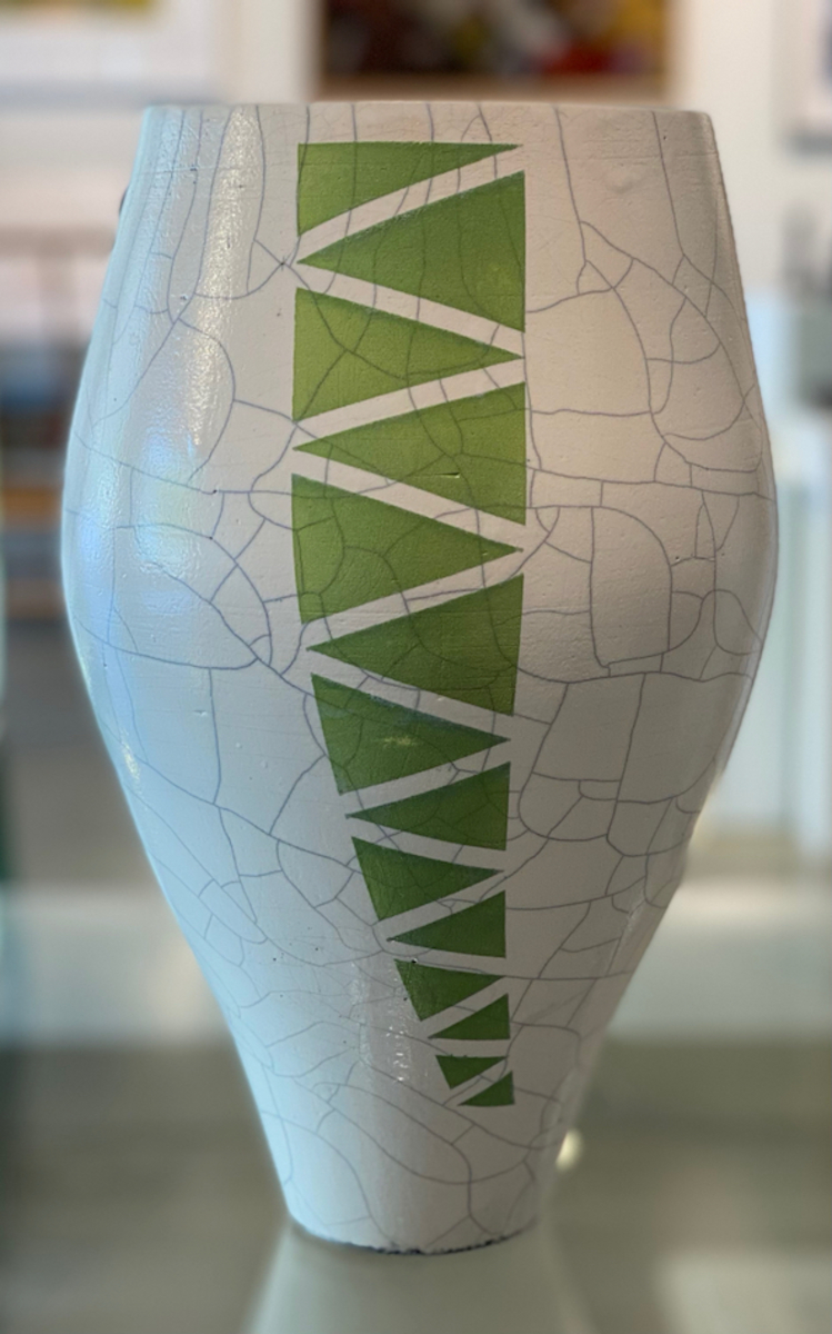 Raku crackle Vase Form with geometric green pattern