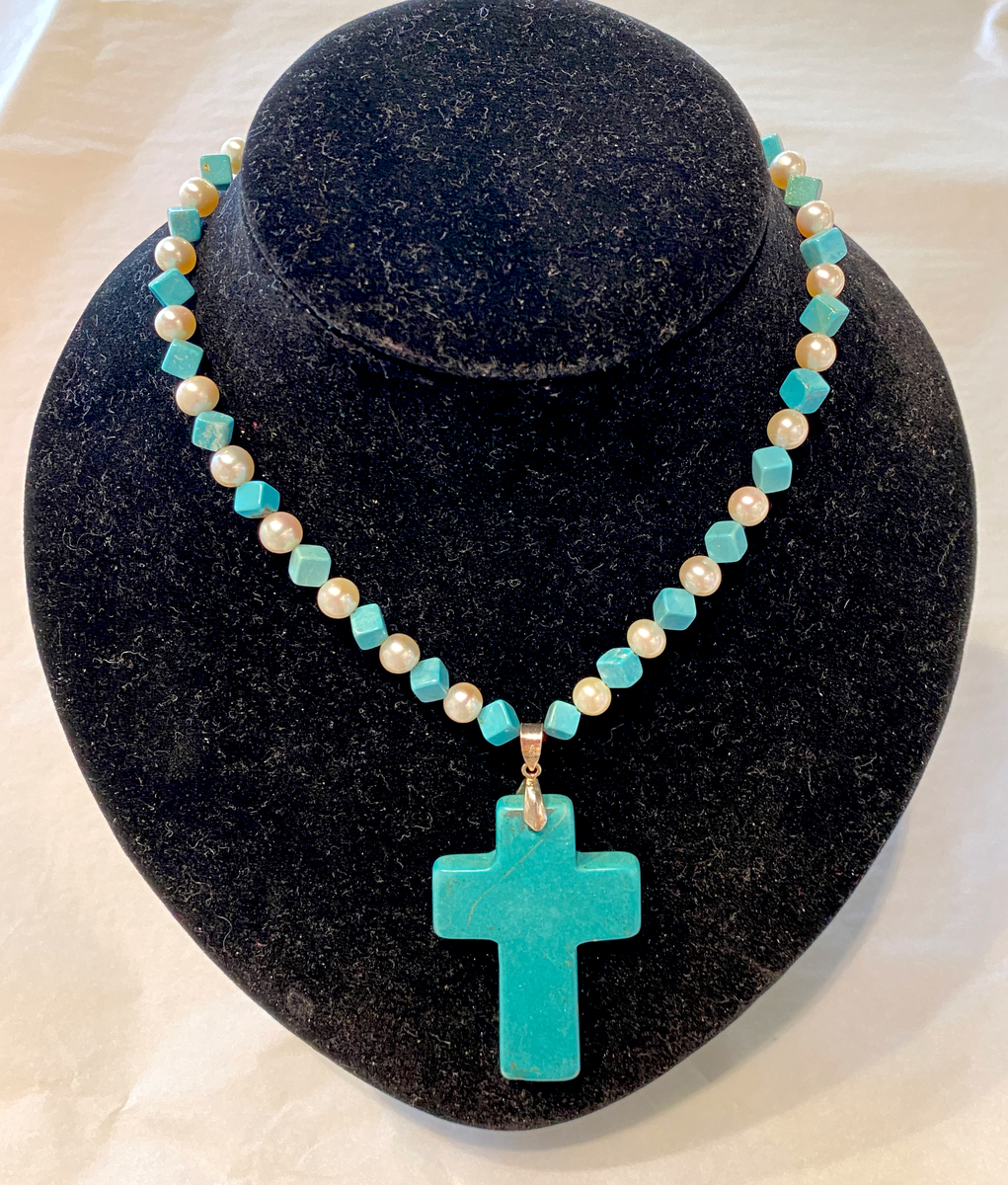 Turquoise and freshwater pearl CROSS pendant  (includes earrings) 257165
