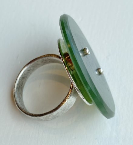 Pounamu, brass and sterling silver ring