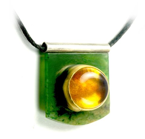 NZ Amber, 24ct. Gold, Pounamu, Sterling Silver pendant