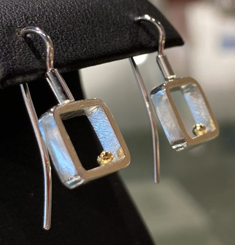 Square Frame earrings - stg. silver with 22ct. gold ball