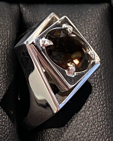 Diamond Void Cocktail Ring -Smokey Quartz and Stg. Silver - size Q