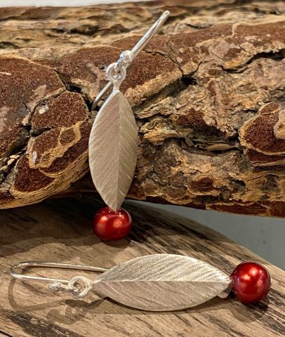 Single Leaf with red pearl earrings