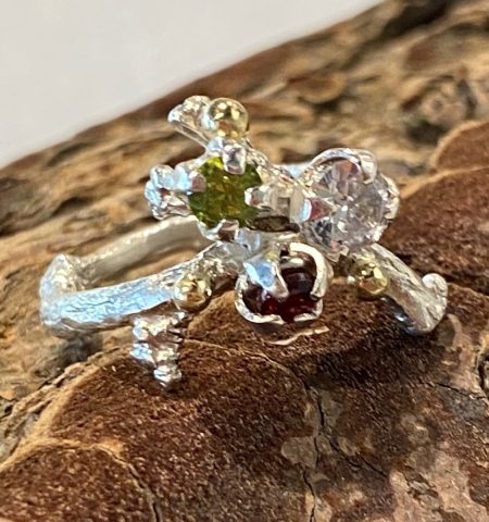 Twig Ring with garnet, peridot and CZ